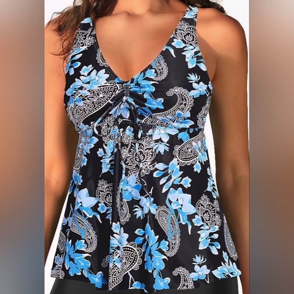 162. Yonique Halter V-Neck Tankini (Top Only) Small Blue Floral Paisley NWT